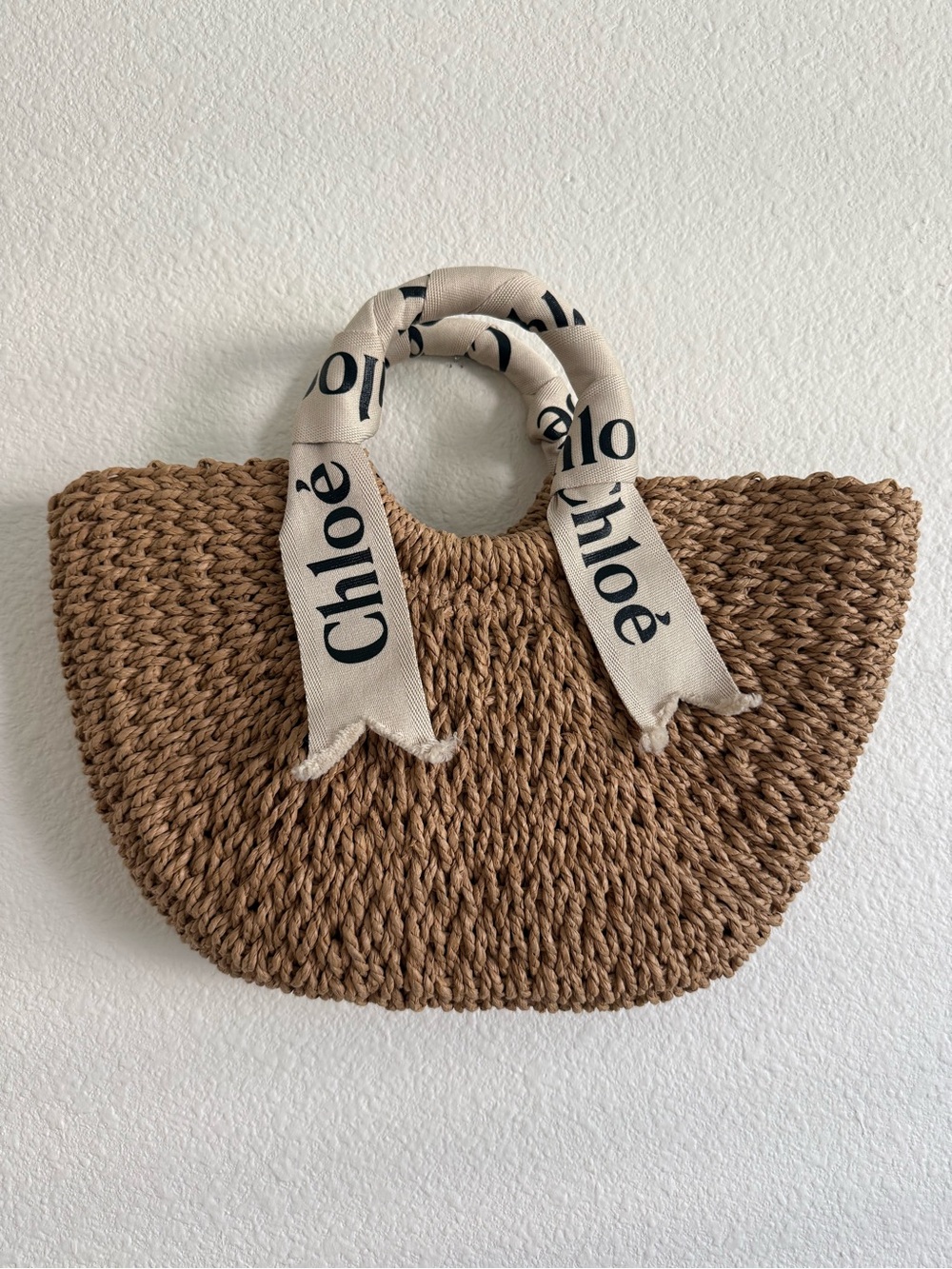 Chloé Tan Woven Straw Tote with Logo Scarf Handles